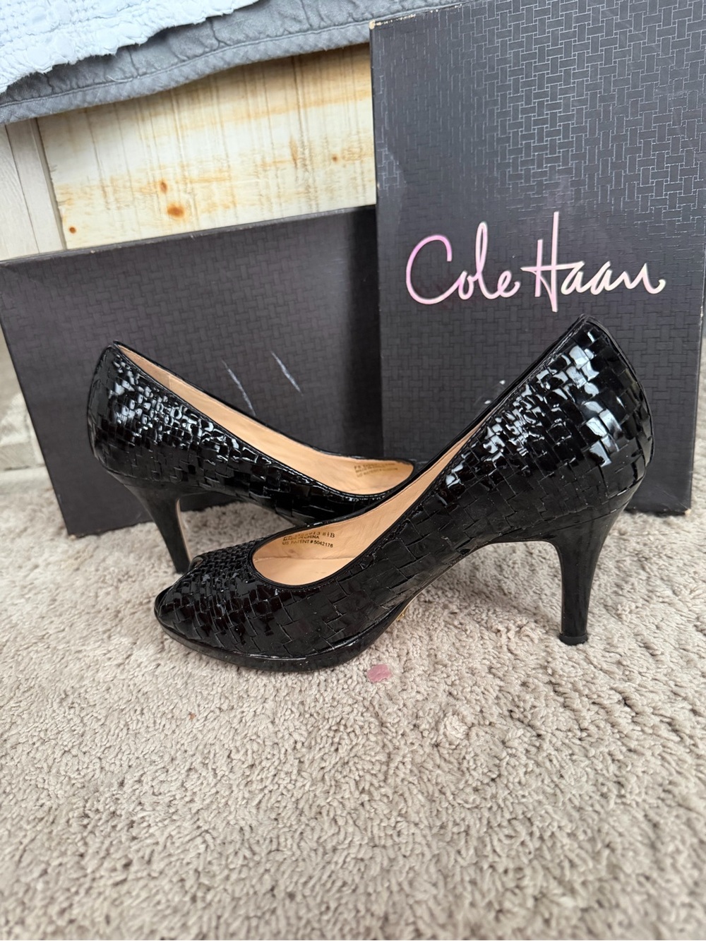 Cole Haan Black Patent Woven Peep-Toe Heels 🔥 hot deal!!!!